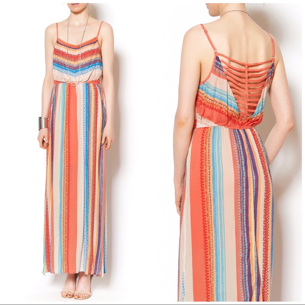Esley Coral & Multi-Stripe Spaghetti-Strap Maxi Dress